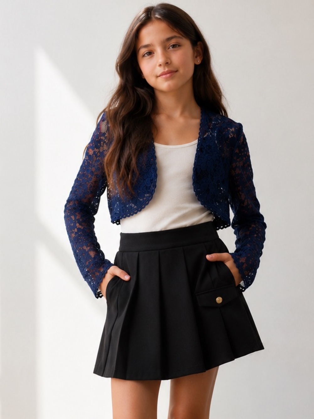 C Navy Blue Bolero Shrug Lace Floral Long Sleeve Size 5-6 Girls Layering Piece
